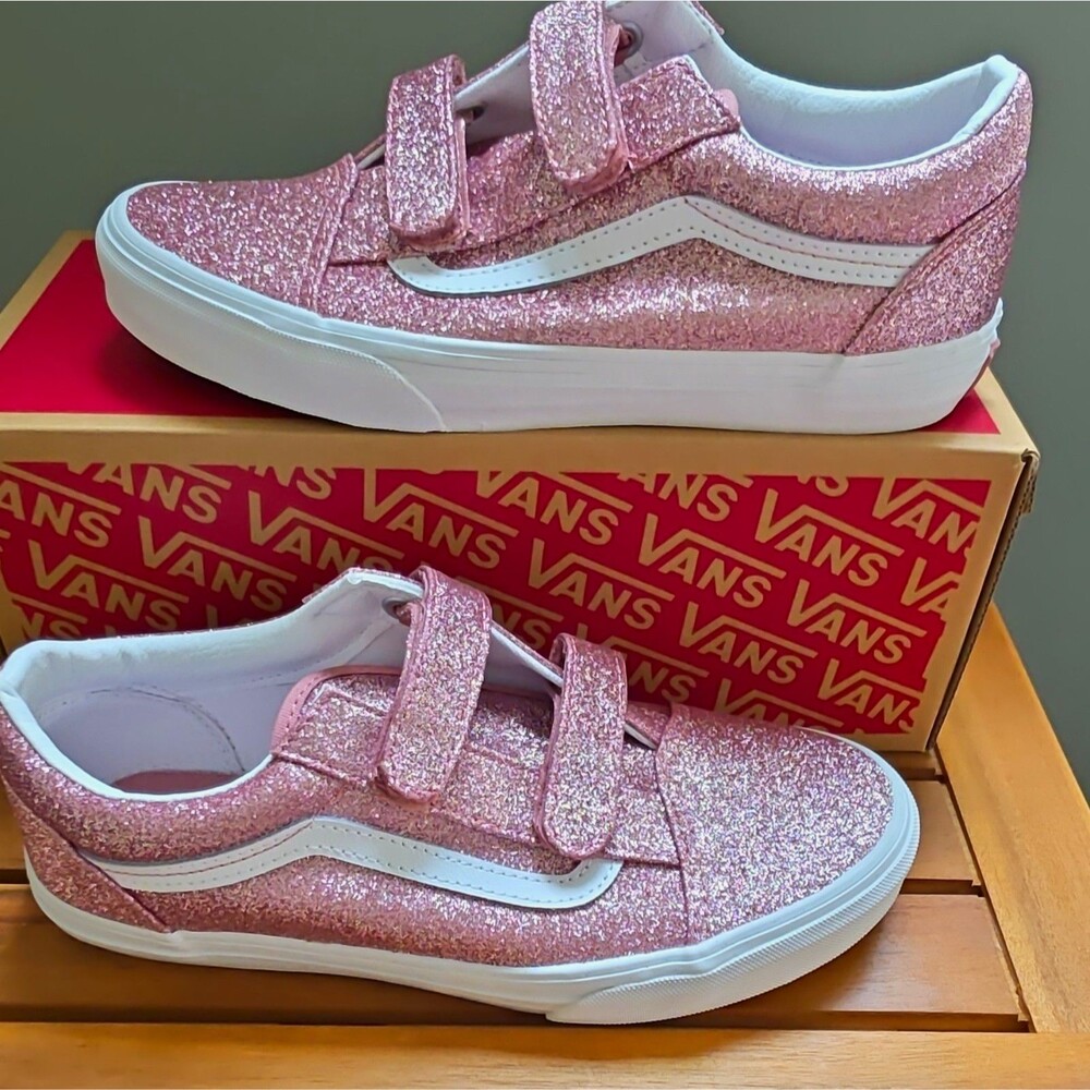 VANS Old Skool V Kids Sneaker Pink Glitter Hook & Loop Low Top US 6